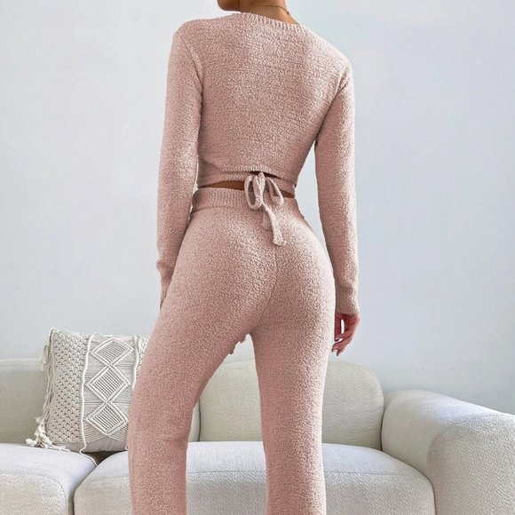 Baby Pink Preppy Womens Surplice Neck Crop Sweater & Drawstring Waist Knit Pants - Picture 3 of 5